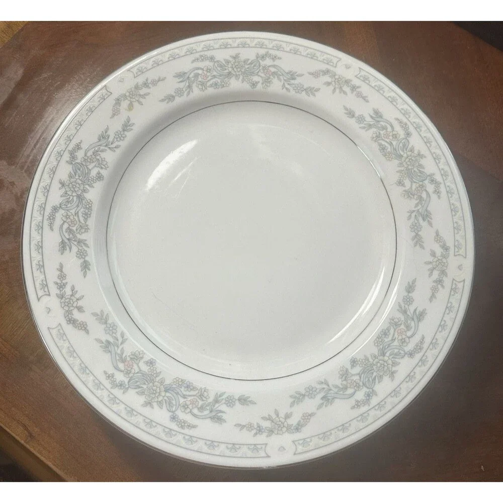 Vintage Somerset By Excel Set of 4 Dinner Plated Pink Blue Floral Silver Trim